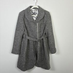 Motherhood Maternity Wool Blend Belted Coat‎ Women's Large Herringbone Zip Front
